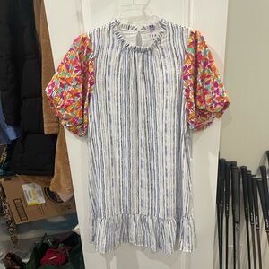 THML White Dress with Blue Brushstroke Stripes and Puff Shoulders